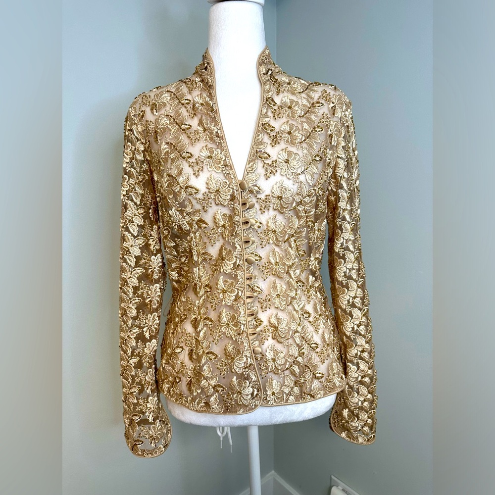 JS Collections Gold Floral Embroidered Mesh Sleeve Button Up Blazer Jacket Sz 4